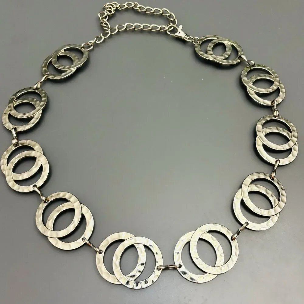 Vintage Chain Belt Silver Hammered Metal Geometric Disco Boho Y2K Western Retro
